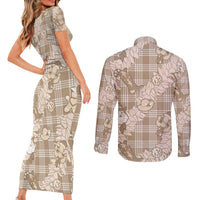 Khaki Palaka Hawaii Cowboy Christmas Couples Matching Short Sleeve Bodycon Dress and Long Sleeve Button Shirt Paniolo Mix Maile Lei - Polynesian Pride