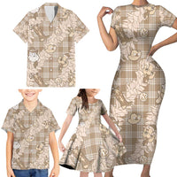 Khaki Palaka Hawaii Cowboy Christmas Family Matching Short Sleeve Bodycon Dress and Hawaiian Shirt Paniolo Mix Maile Lei - Polynesian Pride