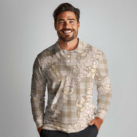 Khaki Palaka Hawaii Cowboy Christmas Long Sleeve Polo Shirt Paniolo Mix Maile Lei - Polynesian Pride