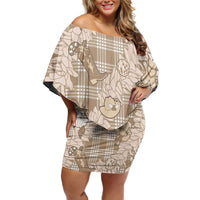 Khaki Palaka Hawaii Cowboy Christmas Off Shoulder Short Dress Paniolo Mix Maile Lei - Polynesian Pride