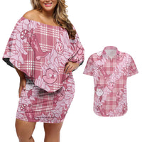 Pink Palaka Hawaii Cowboy Christmas Couples Matching Off Shoulder Short Dress and Hawaiian Shirt Paniolo Mix Maile Lei - Polynesian Pride