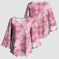 Pink Palaka Hawaii Cowboy Christmas Kimono Sleeve Blouse Paniolo Mix Maile Lei - Polynesian Pride