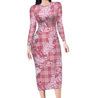 Pink Palaka Hawaii Cowboy Christmas Long Sleeve Bodycon Dress Paniolo Mix Maile Lei - Polynesian Pride