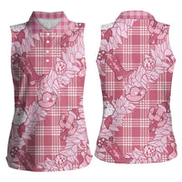 Pink Palaka Hawaii Cowboy Christmas Women Sleeveless Polo Shirt Paniolo Mix Maile Lei - Polynesian Pride