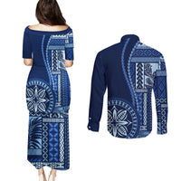 Samoa Siapo Motif Couples Matching Puletasi Dress and Long Sleeve Button Shirt Classic Style - Bue Ver LT7 - Polynesian Pride