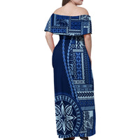 Samoa Siapo Motif Family Matching Off Shoulder Maxi Dress and Hawaiian Shirt Classic Style - Bue Ver LT7 - Polynesian Pride