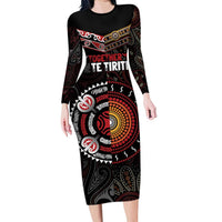 Aotearoa and Australia Indigenous Family Matching Long Sleeve Bodycon Dress and Hawaiian Shirt Stand Together For Te Tiriti LT7 Mom's Dress Black - Polynesian Pride