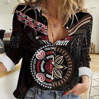 Aotearoa and Samoa Together For Te Tiriti Women Casual Shirt Kowhaiwhai Mix Siapo LT7 Female Black - Polynesian Pride
