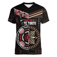 Aotearoa and Samoa Together For Te Tiriti Women V-Neck T-Shirt Kowhaiwhai Mix Siapo LT7 Female Black - Polynesian Pride