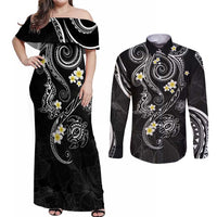 Polynesia Tribal Couples Matching Off Shoulder Maxi Dress and Long Sleeve Button Shirt Tentacles Plumeria