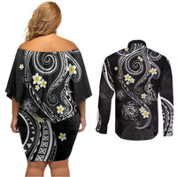Polynesia Tribal Couples Matching Off Shoulder Short Dress and Long Sleeve Button Shirt Tentacles Plumeria