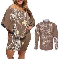 Polynesia Tribal Couples Matching Off Shoulder Short Dress and Long Sleeve Button Shirt Mocha Plumeria Tentacles
