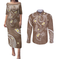 Polynesia Tribal Couples Matching Puletasi and Long Sleeve Button Shirt Mocha Plumeria Tentacles
