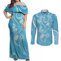 Polynesia Tribal Couples Matching Off Shoulder Maxi Dress and Long Sleeve Button Shirt Turquoise Plumeria Tentacles