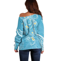 Polynesia Tribal Off Shoulder Sweater Turquoise Plumeria Tentacles