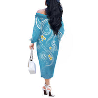 Polynesia Tribal Off The Shoulder Long Sleeve Dress Turquoise Plumeria Tentacles