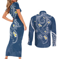 Polynesia Tribal Couples Matching Short Sleeve Bodycon Dress and Long Sleeve Button Shirt Deep Blue Plumeria Tentacles