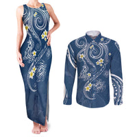 Polynesia Tribal Couples Matching Tank Maxi Dress and Long Sleeve Button Shirt Deep Blue Plumeria Tentacles