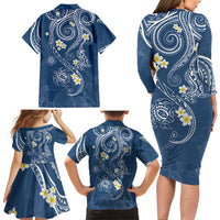 Polynesia Tribal Family Matching Long Sleeve Bodycon Dress and Hawaiian Shirt Deep Blue Plumeria Tentacles LT7 - Polynesian Pride