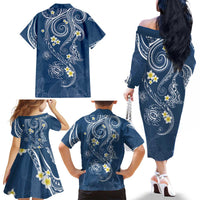 Polynesia Tribal Family Matching Off The Shoulder Long Sleeve Dress and Hawaiian Shirt Deep Blue Plumeria Tentacles