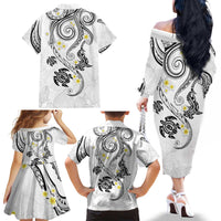 Polynesia Tribal Family Matching Off The Shoulder Long Sleeve Dress and Hawaiian Shirt White Plumeria Tentacles