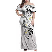 Polynesia Tribal Family Matching Off Shoulder Maxi Dress and Hawaiian Shirt White Plumeria Tentacles LT7 Mom's Dress White - Polynesian Pride