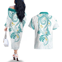 Polynesia Tribal Couples Matching Off The Shoulder Long Sleeve Dress and Hawaiian Shirt Teal Plumeria Tentacles