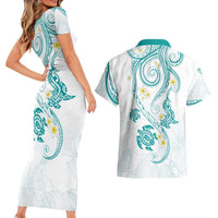 Polynesia Tribal Couples Matching Short Sleeve Bodycon Dress and Hawaiian Shirt Teal Plumeria Tentacles LT7 - Polynesian Pride