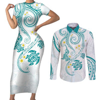 Polynesia Tribal Couples Matching Short Sleeve Bodycon Dress and Long Sleeve Button Shirt Teal Plumeria Tentacles