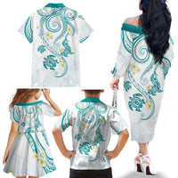 Polynesia Tribal Family Matching Off The Shoulder Long Sleeve Dress and Hawaiian Shirt Teal Plumeria Tentacles