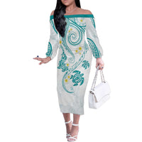 Polynesia Tribal Family Matching Off The Shoulder Long Sleeve Dress and Hawaiian Shirt Teal Plumeria Tentacles