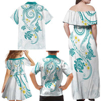 Polynesia Tribal Family Matching Off Shoulder Maxi Dress and Hawaiian Shirt Teal Plumeria Tentacles LT7 - Polynesian Pride