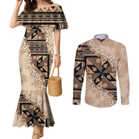 Bula Fiji Plumeria Tagimoucia Salusalu Beige Couples Matching Mermaid Dress and Long Sleeve Button Shirt Kaiviti Masi LT7 Beige - Polynesian Pride