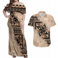 Bula Fiji Plumeria Tagimoucia Salusalu Beige Couples Matching Off Shoulder Maxi Dress and Hawaiian Shirt Kaiviti Masi LT7 Beige - Polynesian Pride