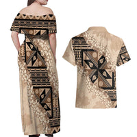 Bula Fiji Plumeria Tagimoucia Salusalu Beige Couples Matching Off Shoulder Maxi Dress and Hawaiian Shirt Kaiviti Masi LT7 - Polynesian Pride