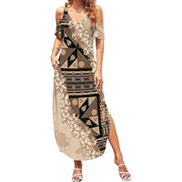 Bula Fiji Plumeria Tagimoucia Salusalu Beige Family Matching Summer Maxi Dress and Hawaiian Shirt Kaiviti Masi LT7 Mom's Dress Beige - Polynesian Pride