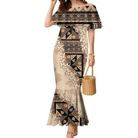 Bula Fiji Plumeria Tagimoucia Salusalu Beige Mermaid Dress Kaiviti Masi - Polynesian Pride
