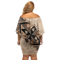Bula Fiji Plumeria Tagimoucia Salusalu Beige Off Shoulder Short Dress Kaiviti Masi - Polynesian Pride