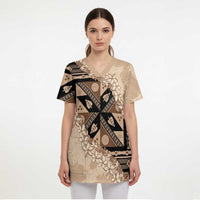 Bula Fiji Plumeria Tagimoucia Salusalu Beige Scrub Top Kaiviti Masi - Polynesian Pride