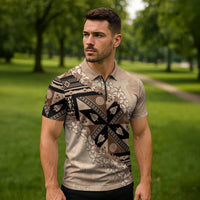 Bula Fiji Plumeria Tagimoucia Salusalu Beige Zipper Polo Shirt Kaiviti Masi LT7 - Polynesian Pride