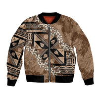 Bula Fiji Plumeria Tagimoucia Salusalu Mocha Bomber Jacket Kaiviti Masi LT7 Unisex Mocha - Polynesian Pride
