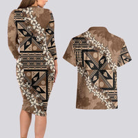 Bula Fiji Plumeria Tagimoucia Salusalu Mocha Couples Matching Long Sleeve Bodycon Dress and Hawaiian Shirt Kaiviti Masi LT7 - Polynesian Pride