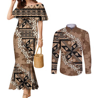 Bula Fiji Plumeria Tagimoucia Salusalu Mocha Couples Matching Mermaid Dress and Long Sleeve Button Shirt Kaiviti Masi LT7 Mocha - Polynesian Pride