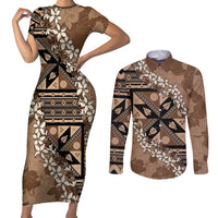 Bula Fiji Plumeria Tagimoucia Salusalu Mocha Couples Matching Short Sleeve Bodycon Dress and Long Sleeve Button Shirt Kaiviti Masi LT7 Mocha - Polynesian Pride