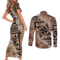 Bula Fiji Plumeria Tagimoucia Salusalu Mocha Couples Matching Short Sleeve Bodycon Dress and Long Sleeve Button Shirt Kaiviti Masi LT7 - Polynesian Pride