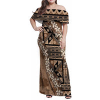Bula Fiji Plumeria Tagimoucia Salusalu Mocha Family Matching Off Shoulder Maxi Dress and Hawaiian Shirt Kaiviti Masi LT7 Mom's Dress Mocha - Polynesian Pride