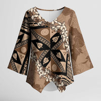 Bula Fiji Plumeria Tagimoucia Salusalu Mocha Kimono Sleeve Blouse Kaiviti Masi LT7 Female Mocha - Polynesian Pride
