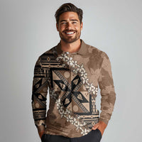 Bula Fiji Plumeria Tagimoucia Salusalu Mocha Long Sleeve Polo Shirt Kaiviti Masi - Polynesian Pride