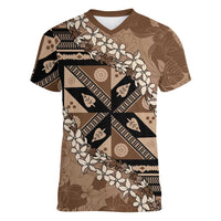 Bula Fiji Plumeria Tagimoucia Salusalu Mocha Women V-Neck T-Shirt Kaiviti Masi LT7 Female Mocha - Polynesian Pride