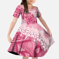 Bula Fiji Plumeria Tagimoucia Salusalu Pink Family Matching Off The Shoulder Long Sleeve Dress and Hawaiian Shirt Kaiviti Masi LT7 Daughter's Dress Pink - Polynesian Pride